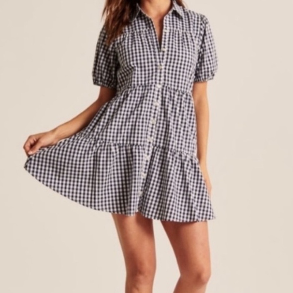 Abercrombie & Fitch Navy Blue Gingham Plaid Collared Shirt Dress Size XS